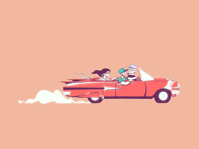 Анимация Парни и девушка мчаться на авто, гифка Парни и девушка мчаться на авто