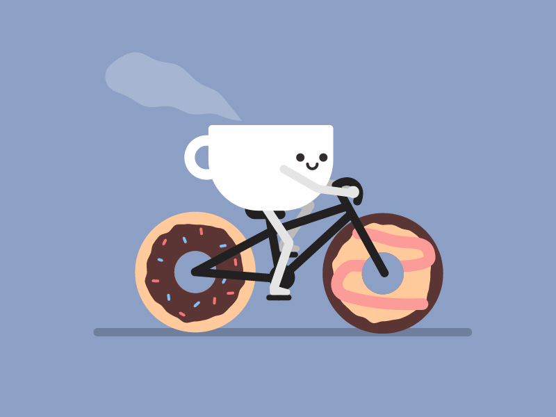 Анимация Чашка с горячим напитком на велосипеде, гифка Чашка с горячим напитком на велосипеде