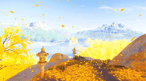 Анимация Летящая осенняя листва, кадр из игры Ghost of Tsushima, гифка Летящая осенняя листва, кадр из игры Ghost of Tsushima