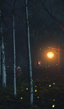 Анимация Горящий фонарь и летающие светлячки в лесу, кадр из игры Ghost of Tsushima, гифка Горящий фонарь и летающие светлячки в лесу, кадр из игры Ghost of Tsushima