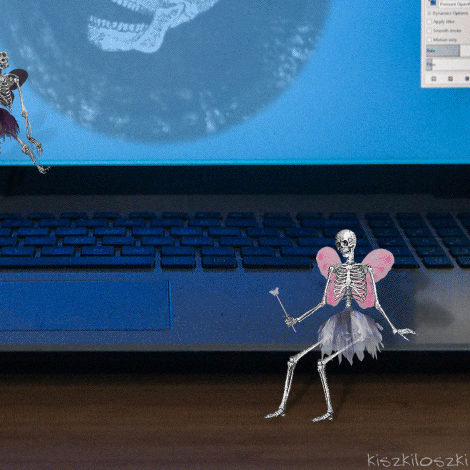 Анимация Скелеты развлекаются на компьютерном столе, by kiszkiloszki, гифка Скелеты развлекаются на компьютерном столе, by kiszkiloszki