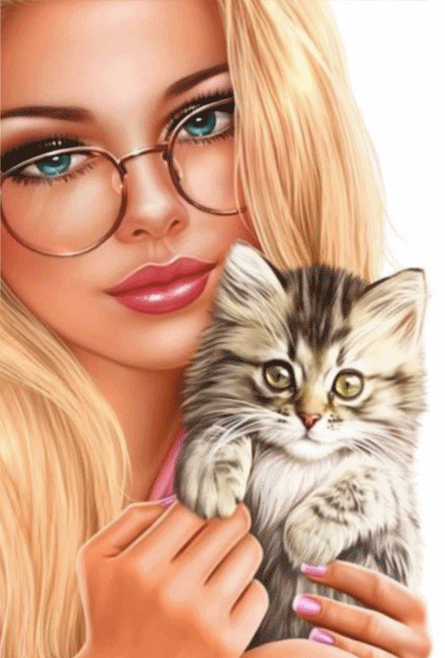 Анимация Девушка блондинка в очках держит на руках маленького котика, гифка