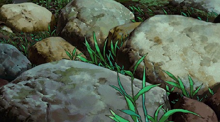 Анимация Трава между камнями колышется от ветра, аниме princess mononoke
