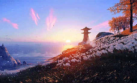 Анимация Цветущее поле на ветру перед маяком на фоне заката