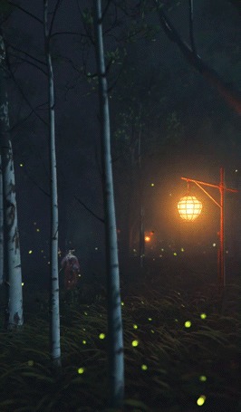 Анимация Горящий фонарь и летающие светлячки в лесу, кадр из игры Ghost of Tsushima