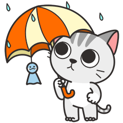 Анимация Котик с зонтом стоит под дождем, гифка Котик с зонтом стоит под дождем