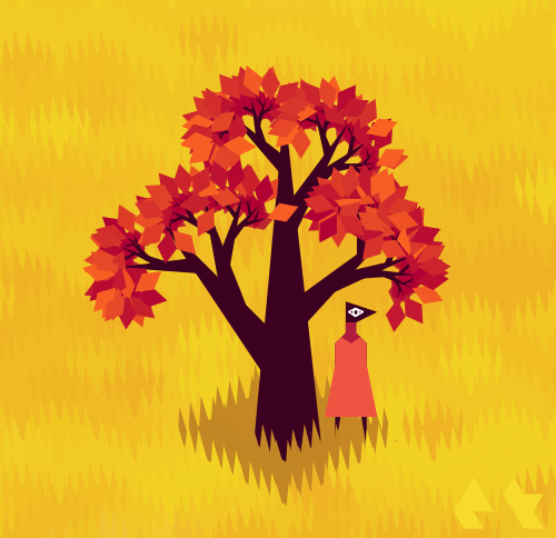 Анимация Чудик возле дерева с красными листьями, гифка Чудик возле дерева с красными листьями