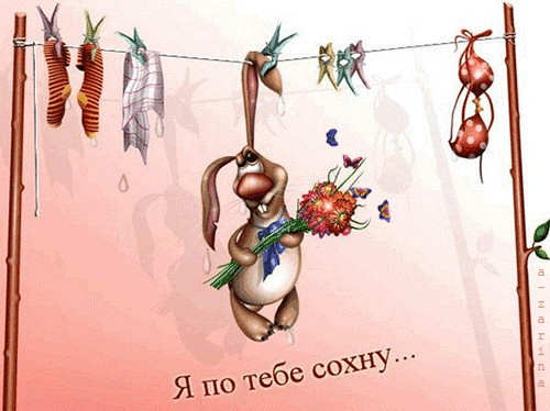 Анимация Заяц с букетом цветов сохнет на веревке среди лифчиков, носков и полотенца, (Я по тебе сохну), автор A-zarina, гифка Заяц с букетом цветов сохнет на веревке среди лифчиков, носков и полотенца, (Я по тебе сохну), автор A-zarina