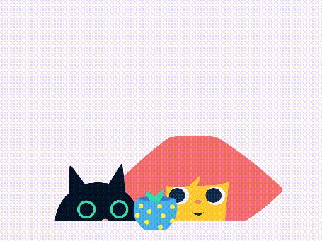 Анимация Девочка с кошкой смотрят на цветок, автор Obi Little