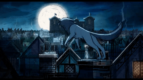 Анимация Волк прыгает по крышам домов и загорается в окнах свет, мультфильм Wolfwalkers / волкодавы, гифка Волк прыгает по крышам домов и загорается в окнах свет, мультфильм Wolfwalkers / волкодавы