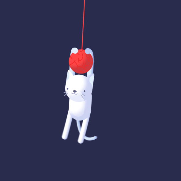 Анимация Белый котенок качается на красном клубке ниток, гифка Белый котенок качается на красном клубке ниток