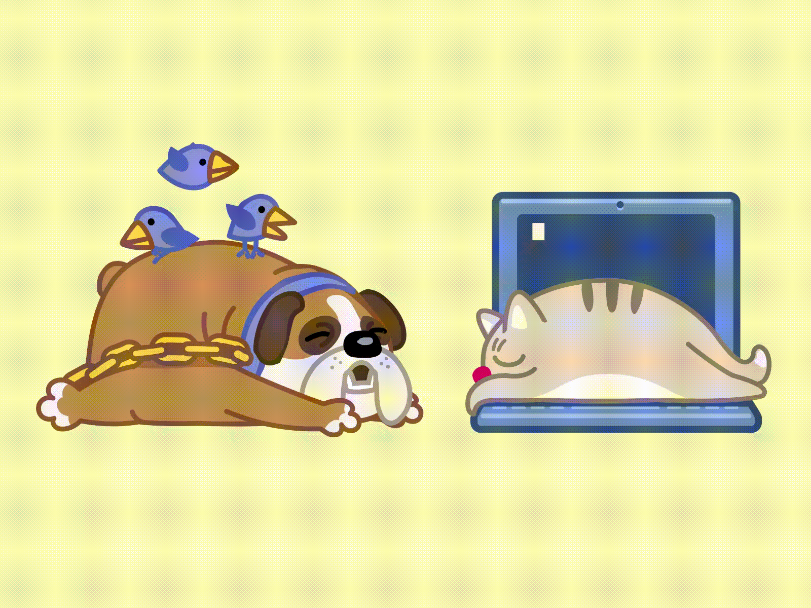 Анимация Спящие собака, на которой прыгают птички и серый котик, лежащий на ноутбуке, автор Denis Sazhin, гифка Спящие собака, на которой прыгают птички и серый котик, лежащий на ноутбуке, автор Denis Sazhin