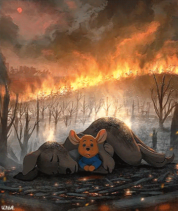 Анимация Малыш кенгуру, находясь рядом с погибшей мамой от сильных ожогов от огня, пытается спрятаться от бушующего лесного пожара, от которого выгорел почти весь лес, гифка Малыш кенгуру, находясь рядом с погибшей мамой от сильных ожогов от огня, пытается спрятаться от бушующего лесного пожара, от которого выгорел почти весь лес