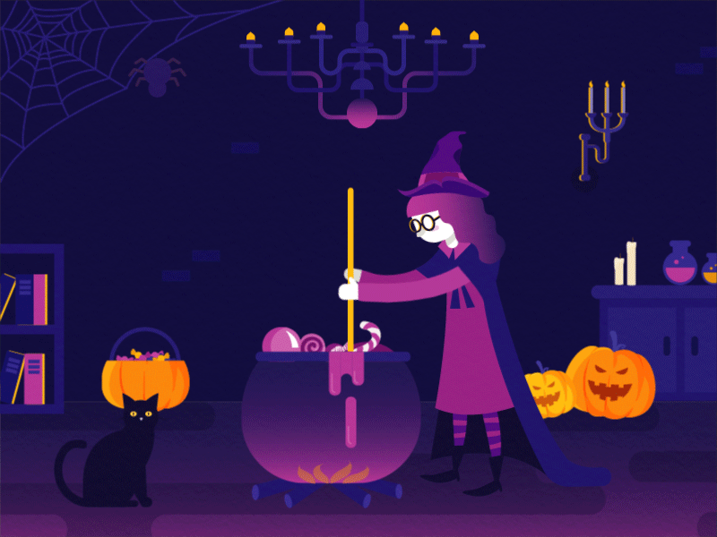 Анимация Девушка - ведьма варит зелье в ночь хеллоуина, гифка Девушка - ведьма варит зелье в ночь хеллоуина