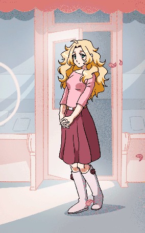 Анимация Светловолосая голубоглазая девушка рядом с зданием, by rikeza