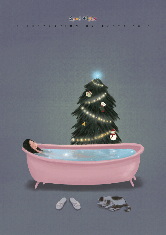 Анимация Девушка лежит в ванне в компании кота и елки, animation by Good Night, illustration by Lost7, гифка Девушка лежит в ванне в компании кота и елки, animation by Good Night, illustration by Lost7