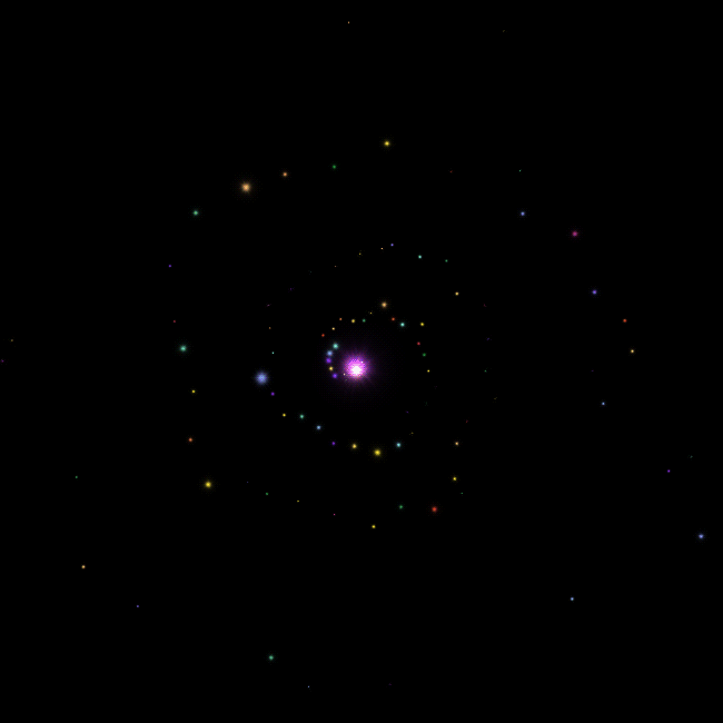 Анимация Спираль из мерцающих разноцветных звезд феерверка на черном фоне, гифка