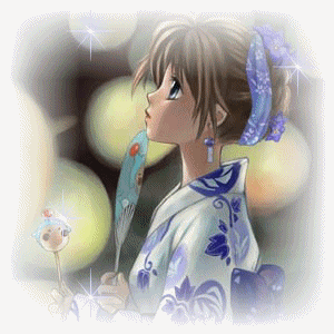 Анимация Девушка с пером и жезлом в кимоно, вокруг которой поблескивают звезды, гифка Девушка с пером и жезлом в кимоно, вокруг которой поблескивают звезды