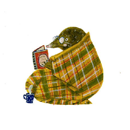 Анимация Крот в очках, с книгой, завернувшись в плед, сидит рядом с чашкой горячего чая