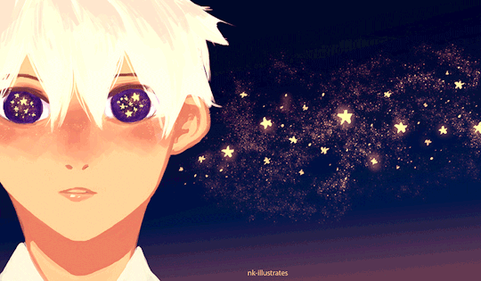 Анимация Моргающий парень-блондин на фоне мерцающих звезд, by nkimillustrate, гифка Моргающий парень-блондин на фоне мерцающих звезд, by nkimillustrate