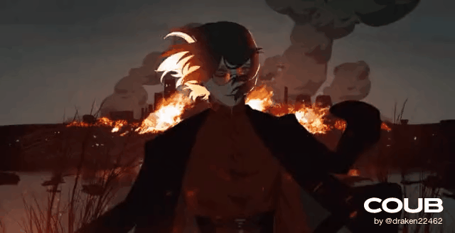 Анимация Мужчина с развивающимися волосами на фоне горящего города ночью, гифка Мужчина с развивающимися волосами на фоне горящего города ночью
