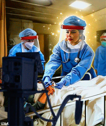 Анимация Трое врачей в защитный костюмах, среди которых девушка-врач, одной из городских больниц, пытаются спасти жизнь тяжелобольного коронавирусом пациента, гифка Трое врачей в защитный костюмах, среди которых девушка-врач, одной из городских больниц, пытаются спасти жизнь тяжелобольного коронавирусом пациента
