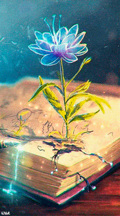 Анимация Ожившая книга на деревянной поверхности, из которой произрастает магический цветок, гифка