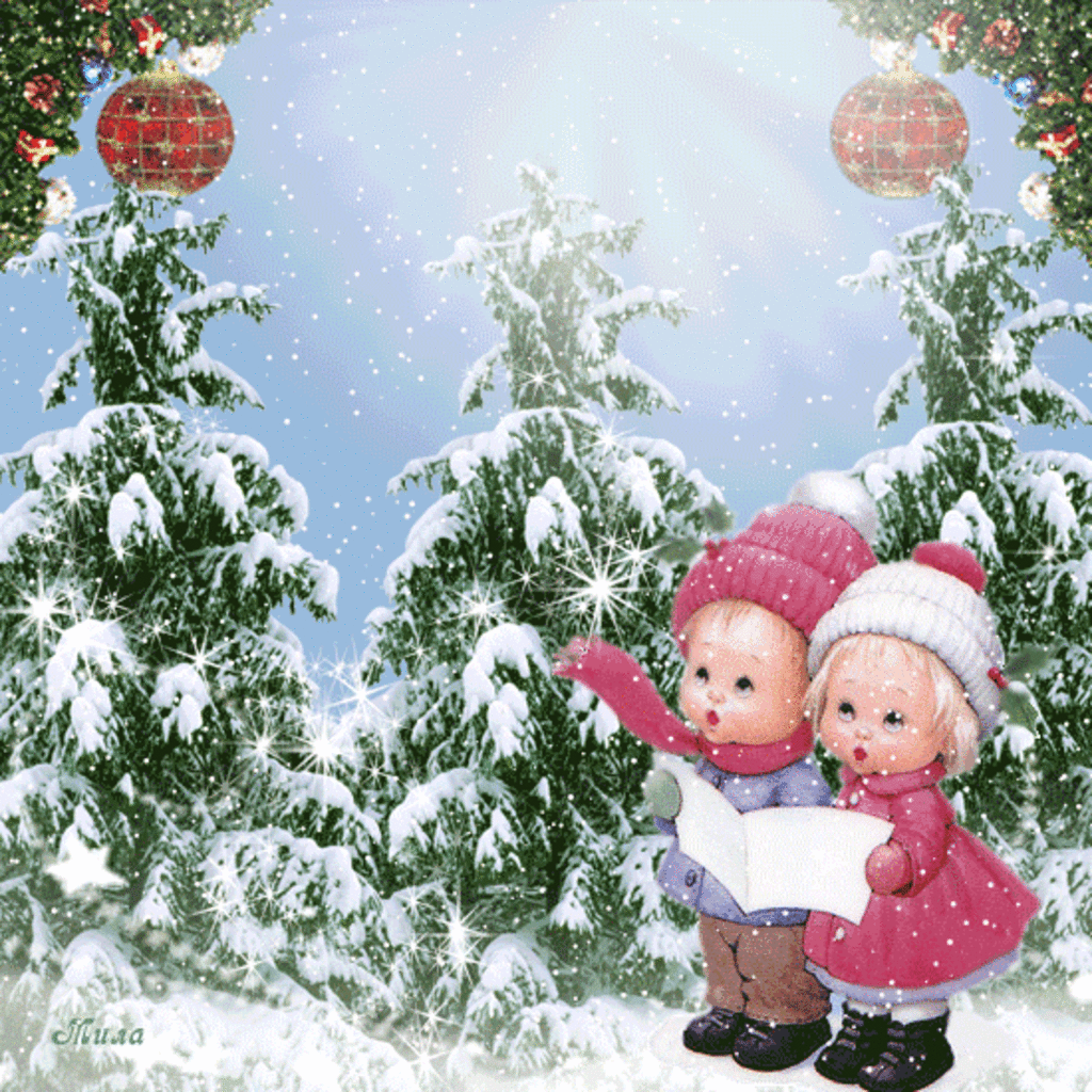 Анимация Мальчик и девочка в зимней розовой одежде с белой книгой в руках среди покрытых снегом елей в лесу, гифка Мальчик и девочка в зимней розовой одежде с белой книгой в руках среди покрытых снегом елей в лесу
