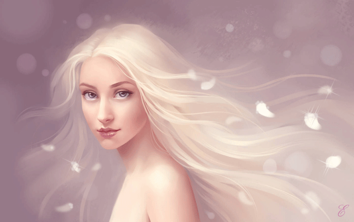 Анимация Блондинка с длинными волосами в окружении светлых лепестков на белом фоне, гифка