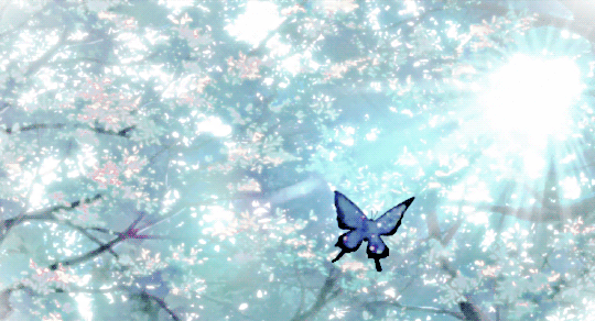 Анимация Бабочка летит к солнцу на фоне деревьев, гифка Бабочка летит к солнцу на фоне деревьев