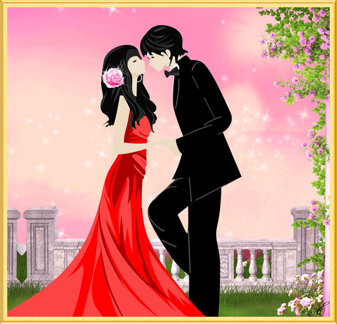Анимация Девушка в красном платье целуется с парнем в черном костюме на фоне розового неба, гифка Девушка в красном платье целуется с парнем в черном костюме на фоне розового неба