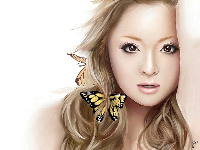 Анимация Блондинка с бабочками в волосах на белом фоне, гифка