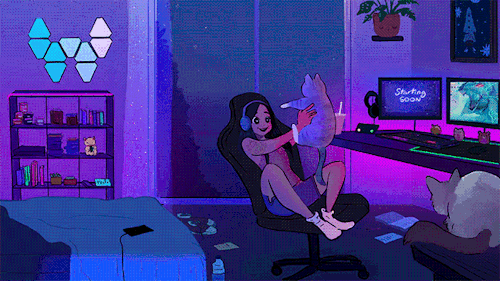 Анимация Девушка сидит в кресле с котом на руках, гифка