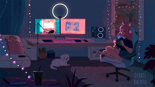 Анимация Девушка сидит рядом с компьютером, под столом лежит собака, гифка Девушка сидит рядом с компьютером, под столом лежит собака