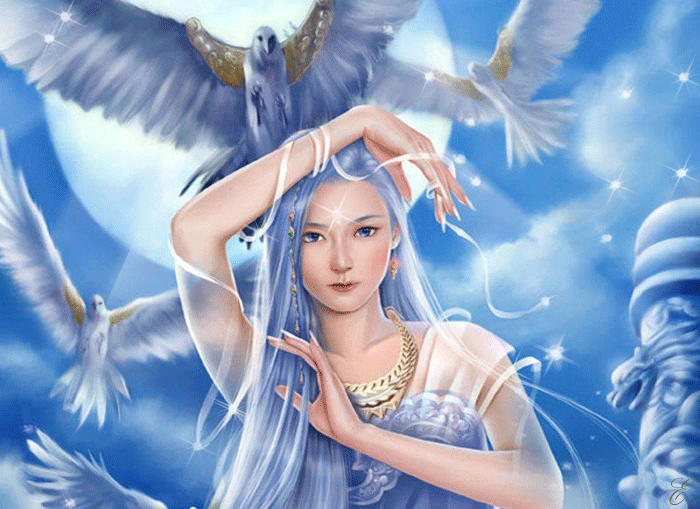 Анимация Девушка с голубыми волосами птицами на фоне мерцающих на голубом небе звезд, гифка