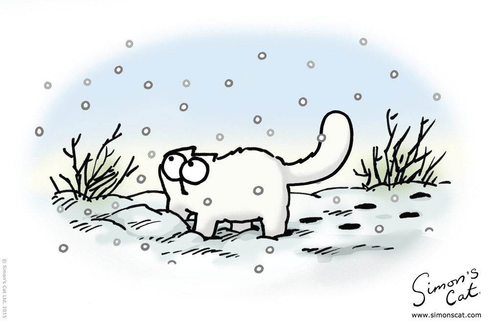 Анимация Кот Хью из мультфильма Simons Cat / Кот Саймона под падающим снегом, гифка