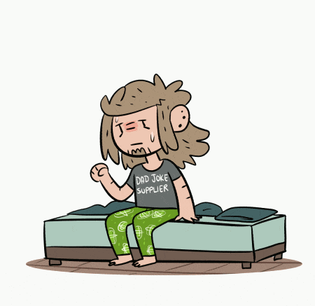 Анимация Болеющий молодой человек сидит на кровати (Cof), гифка
