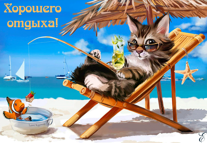 Анимация Кот на пляже отдыхает и ловит рыбку (Хорошего отдыха), гифка