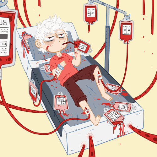 Анимация Парень лежит на кровати, пьет кровь, вокруг него пакеты с кровью, гифка Парень лежит на кровати, пьет кровь, вокруг него пакеты с кровью