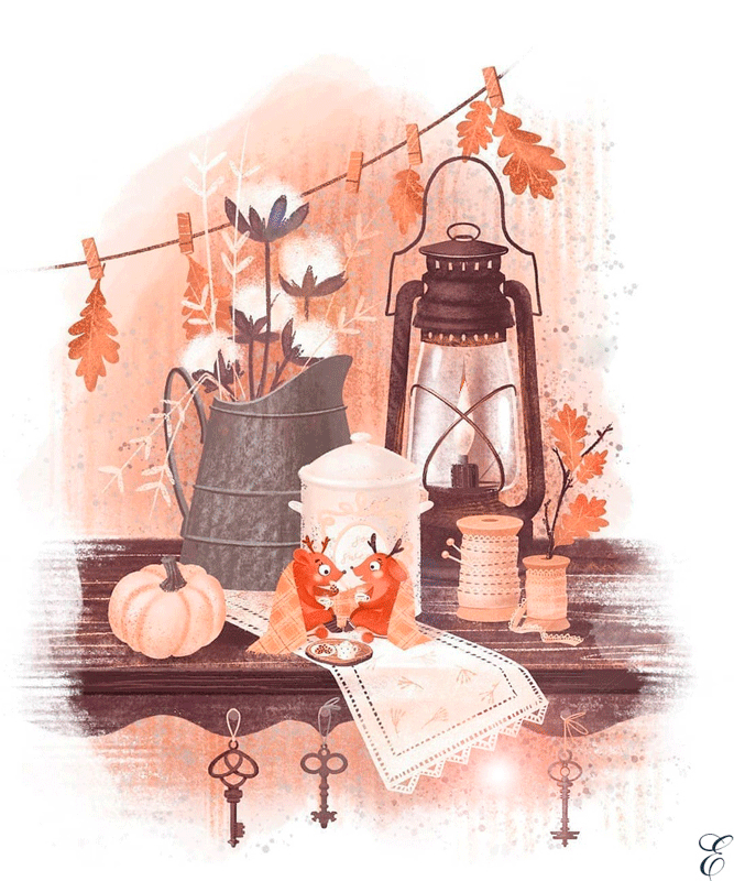 Анимация Осенняя полка с фонарем и милыми зверушками, гифка