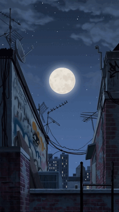 Анимация Кот перепрыгивает с крыши на крышу через мячик Луны, гифка Кот перепрыгивает с крыши на крышу через мячик Луны