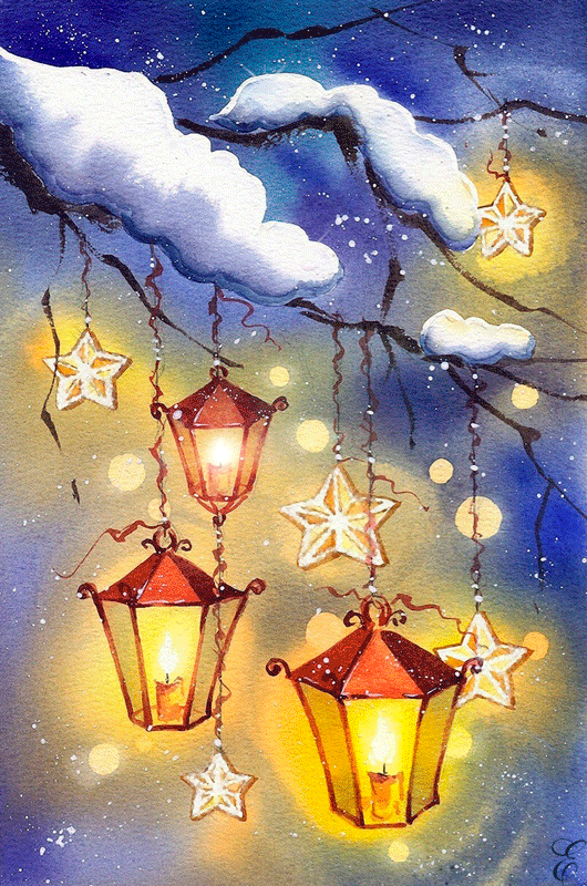 Анимация Фонари со свечами и звезды висят на ветке со снегом зимней ночью, гифка Фонари со свечами и звезды висят на ветке со снегом зимней ночью