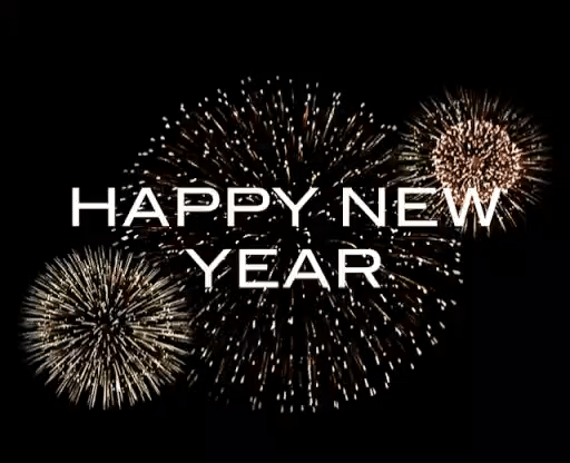 Анимация Салют на черном фоне и надпись happy new year / счастливого нового года, гифка Салют на черном фоне и надпись happy new year / счастливого нового года