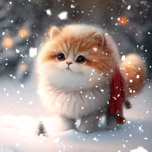 Анимация Пухлый бело - рыжий котик стоит на снегу под снегопадом, гифка