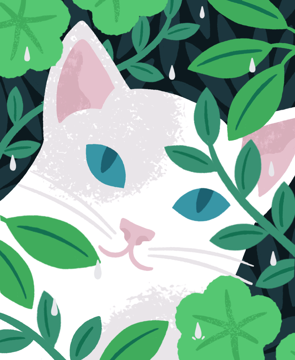 Анимация Кошка среди зеленых листьев, идет дождь, гифка Кошка среди зеленых листьев, идет дождь