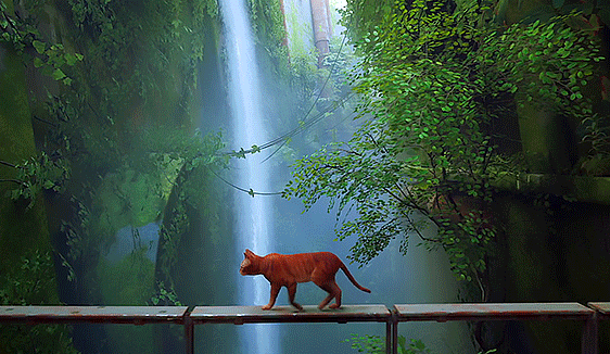 Анимация Рыжий кот из игры Stray идет по перилам на фоне зеленых гор с водопадом, гифка Рыжий кот из игры Stray идет по перилам на фоне зеленых гор с водопадом