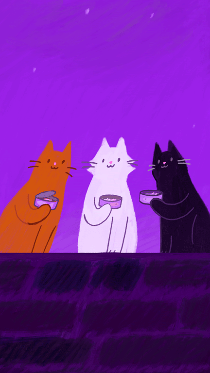 Анимация Рыжий, белый и черный коты чекуются баночками с кошачьим кормом, гифка Рыжий, белый и черный коты чекуются баночками с кошачьим кормом