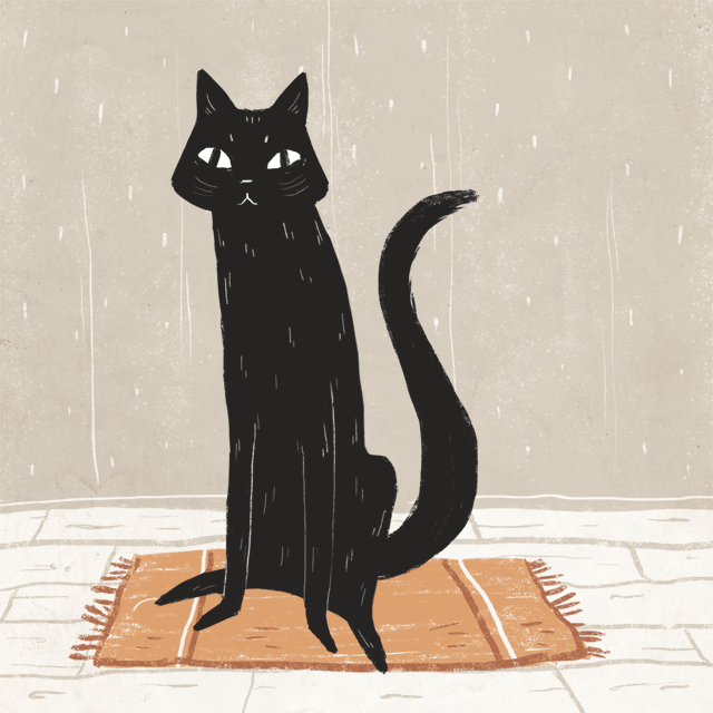 Анимация Черная кошка сидит на коврике, гифка Черная кошка сидит на коврике