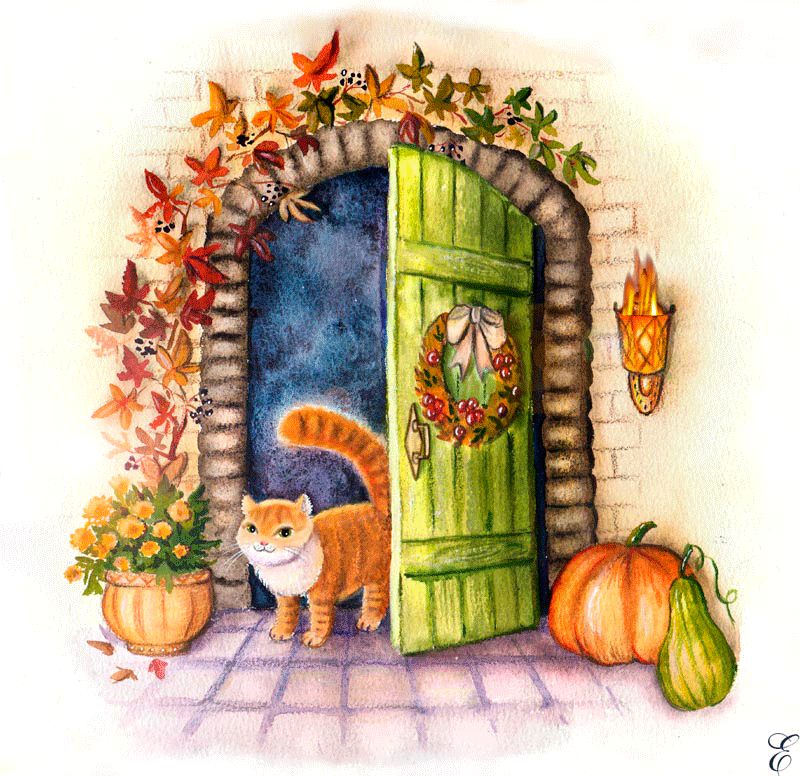 Анимация Дверь в осень открыл рыжий кот, гифка Дверь в осень открыл рыжий кот
