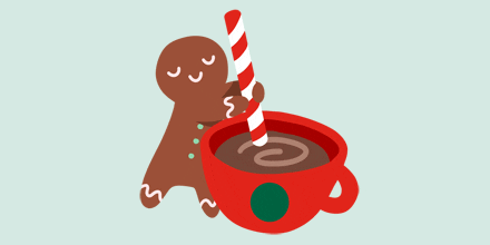 Анимация Имбирная печенька размешивает леденцом горячий шоколад, гифка Имбирная печенька размешивает леденцом горячий шоколад